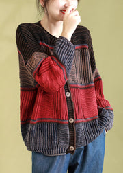 Red Casual Patchwork Knit Cardigan O Neck Button Spring