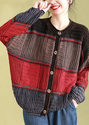 Red Casual Patchwork Knit Cardigan O Neck Button Spring