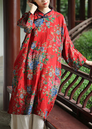 Red Chinese Button Patchwork Cotton Dresses Stand Collar Fall