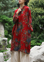 Red Chinese Button Patchwork Cotton Dresses Stand Collar Fall