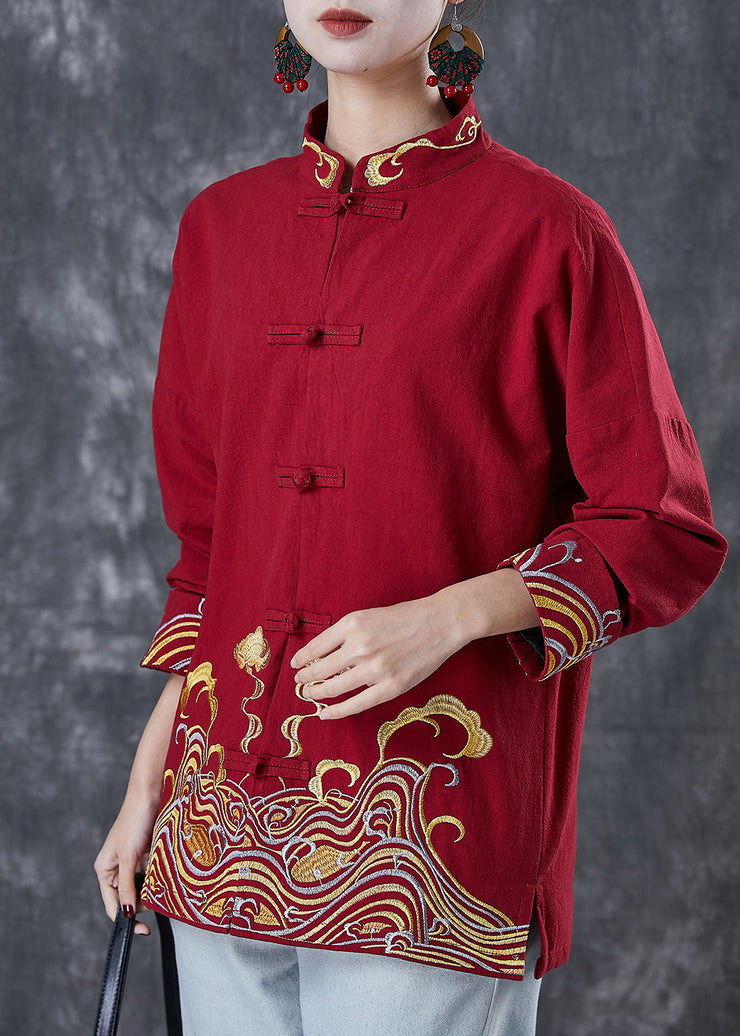 Red Chinese Style Cotton Shirts Embroideried Spring