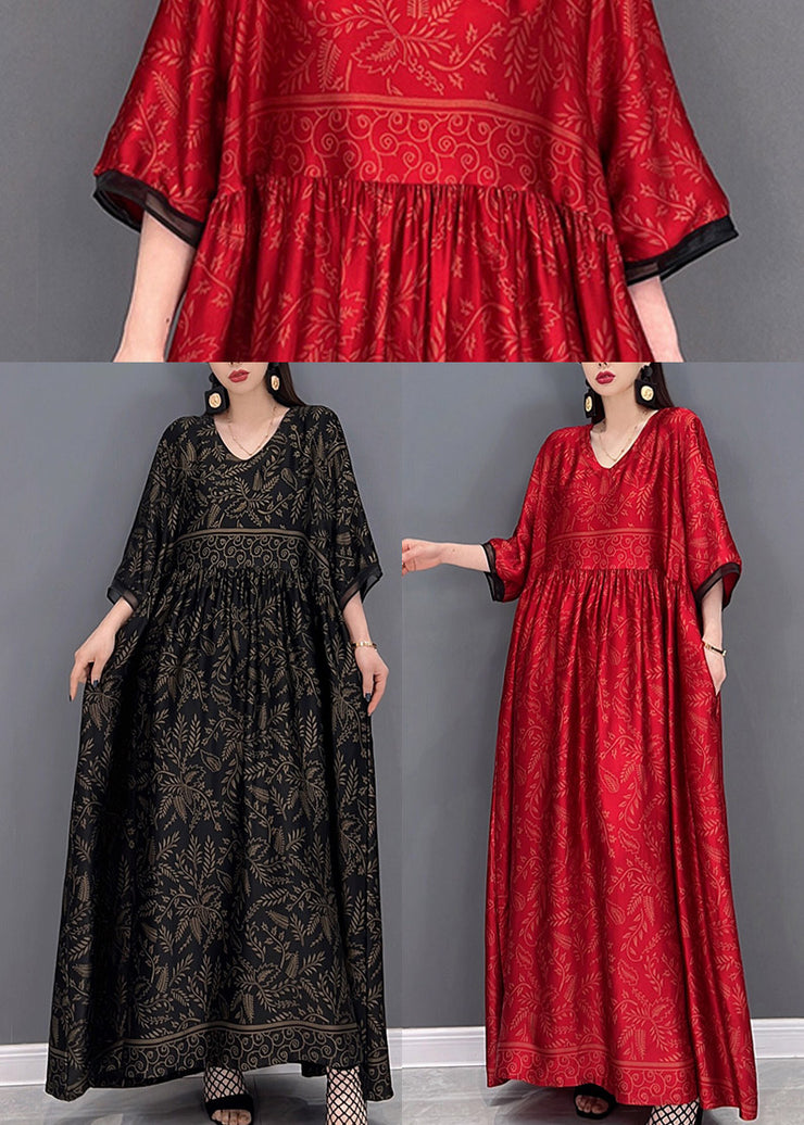Red Chinese Style Silk Long Dress wrinkled Short Sleeve