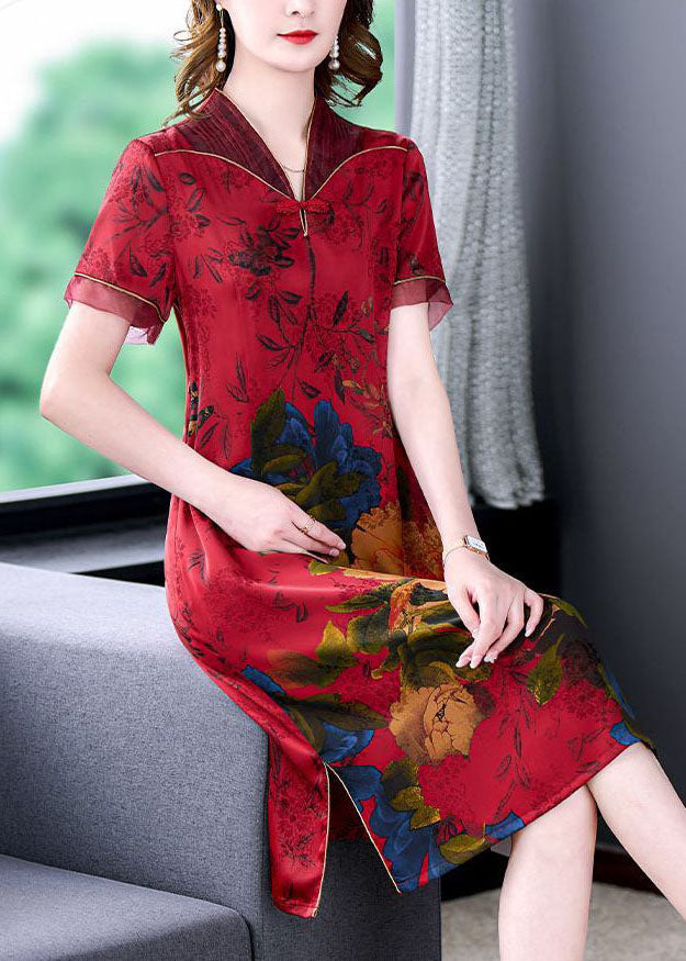 Red Chinese Style Silk Long Dresses Print Side Open Summer