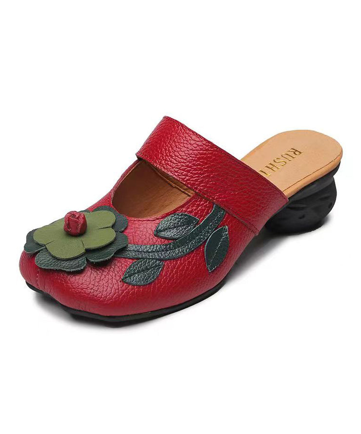 Red Chunky Cowhide Leather Unique Floral Splicing Slide Sandals