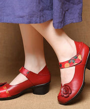 Red Chunky Heel Cowhide Leather Fitted Splicing Floral
