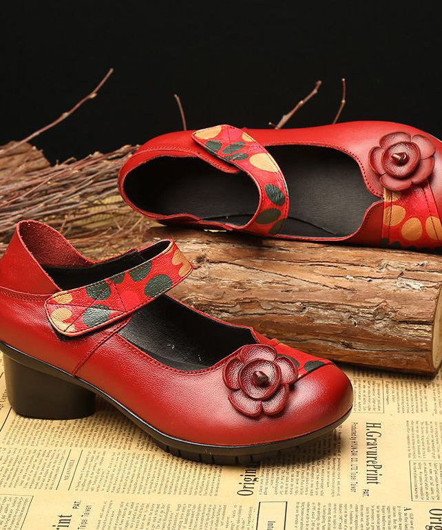 Red Chunky Heel Cowhide Leather Fitted Splicing Floral