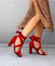 Red Chunky High Heels Faux Leather Fine Splicing Peep Toe Lace Up