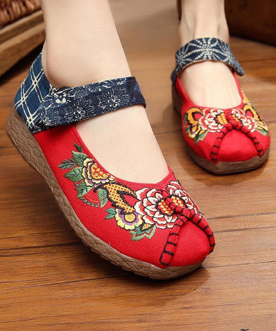 Red Cotton Embroideried Fabric Flat Shoes For Women Splicing Flats - SooLinen