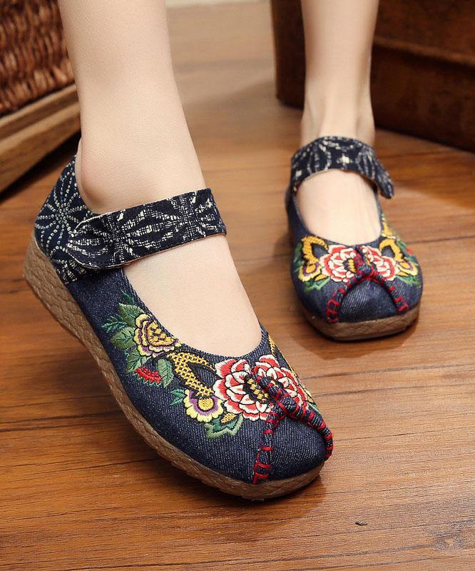 Red Cotton Embroideried Fabric Flat Shoes For Women Splicing Flats - SooLinen