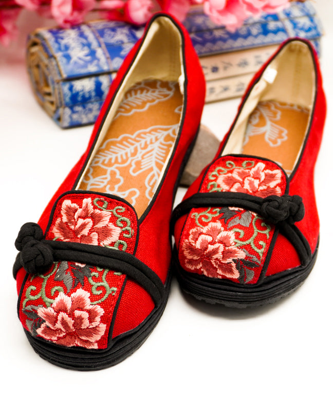 Flache Schuhe aus rotem Baumwollgewebe für Frauen, bestickte Plattfußschuhe
