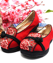 Flache Schuhe aus rotem Baumwollgewebe für Frauen, bestickte Plattfußschuhe