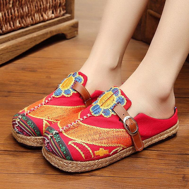 Red Cotton Linen Embroideried Fabric Vintage Buckle Strap Thong Sandals - SooLinen