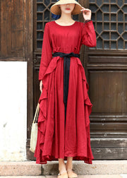 Red Cotton Maxi Dress Wrinkled Tie Waist Long Sleeve