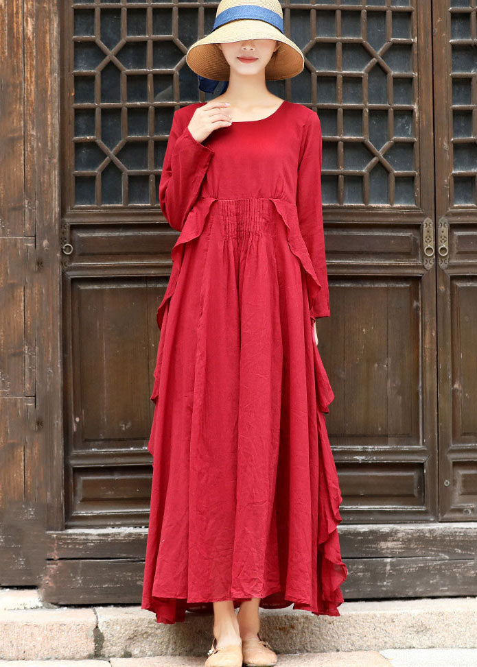 Red Cotton Maxi Dress Wrinkled Tie Waist Long Sleeve