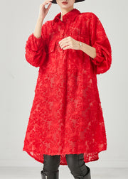 Red Cotton Shirt Dresses Oversized Pockets Spring