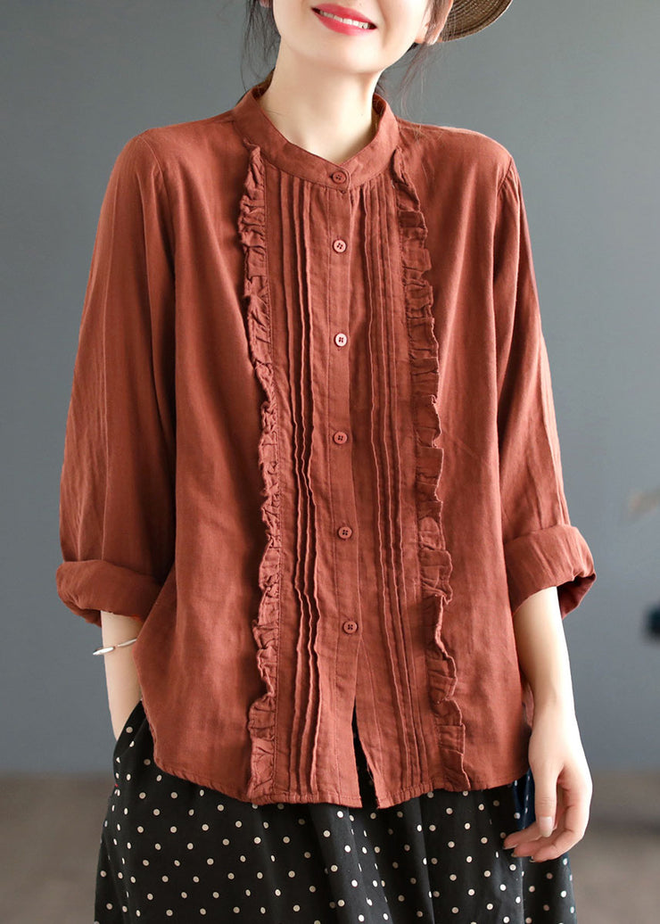 Red Cotton Shirt Stand Collar Ruffled Wrinkled Spring