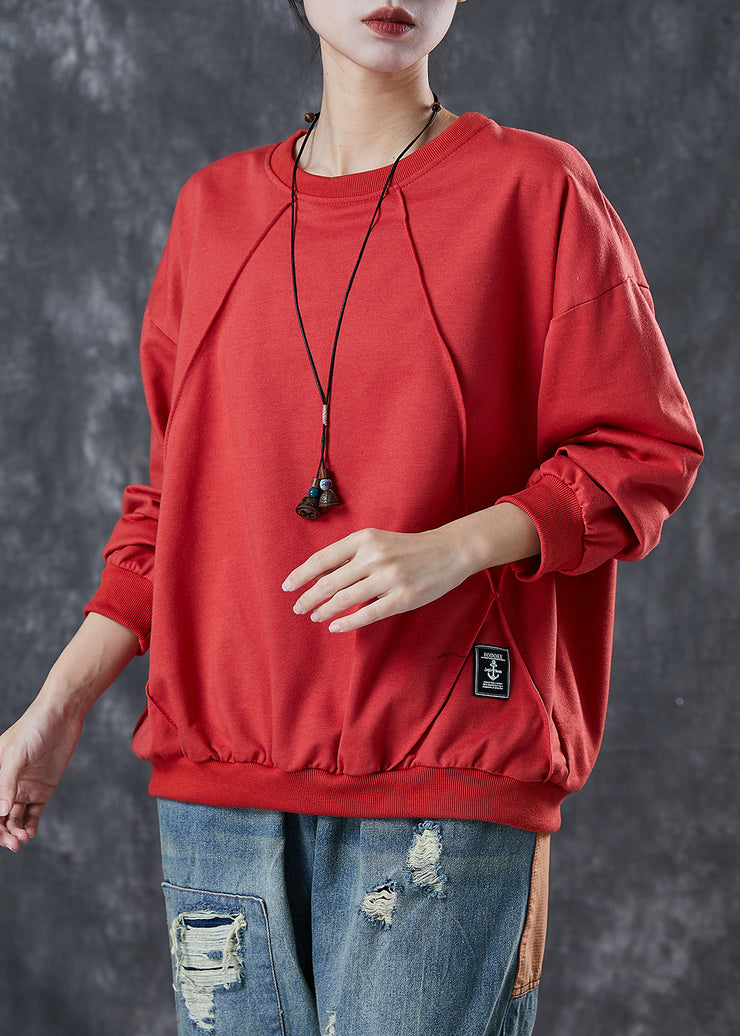 Red Cotton Sweatshirts Top Oversized Wrinkled Spring