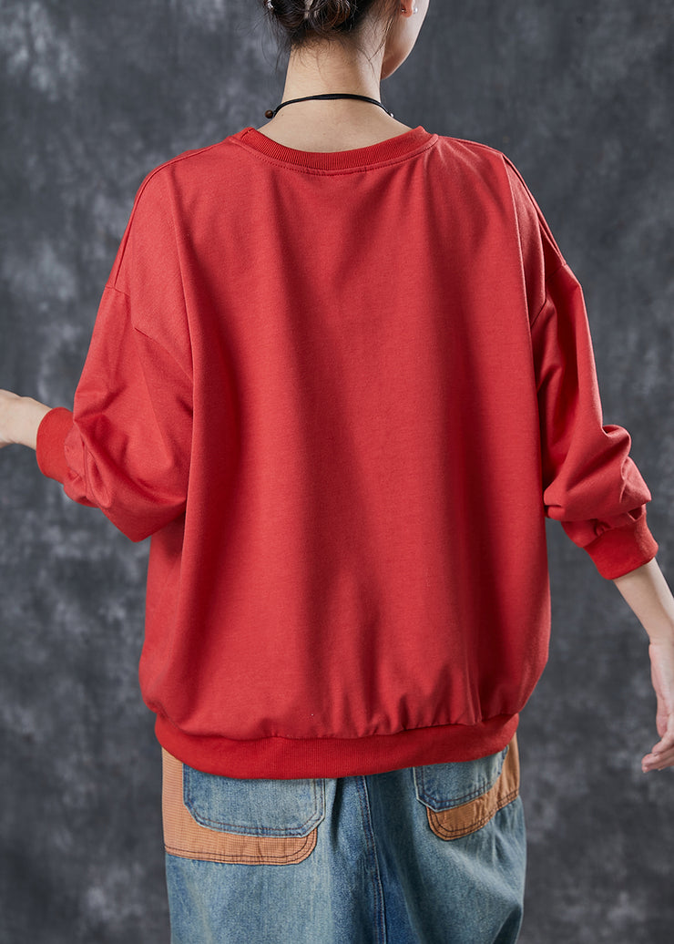 Red Cotton Sweatshirts Top Oversized Wrinkled Spring
