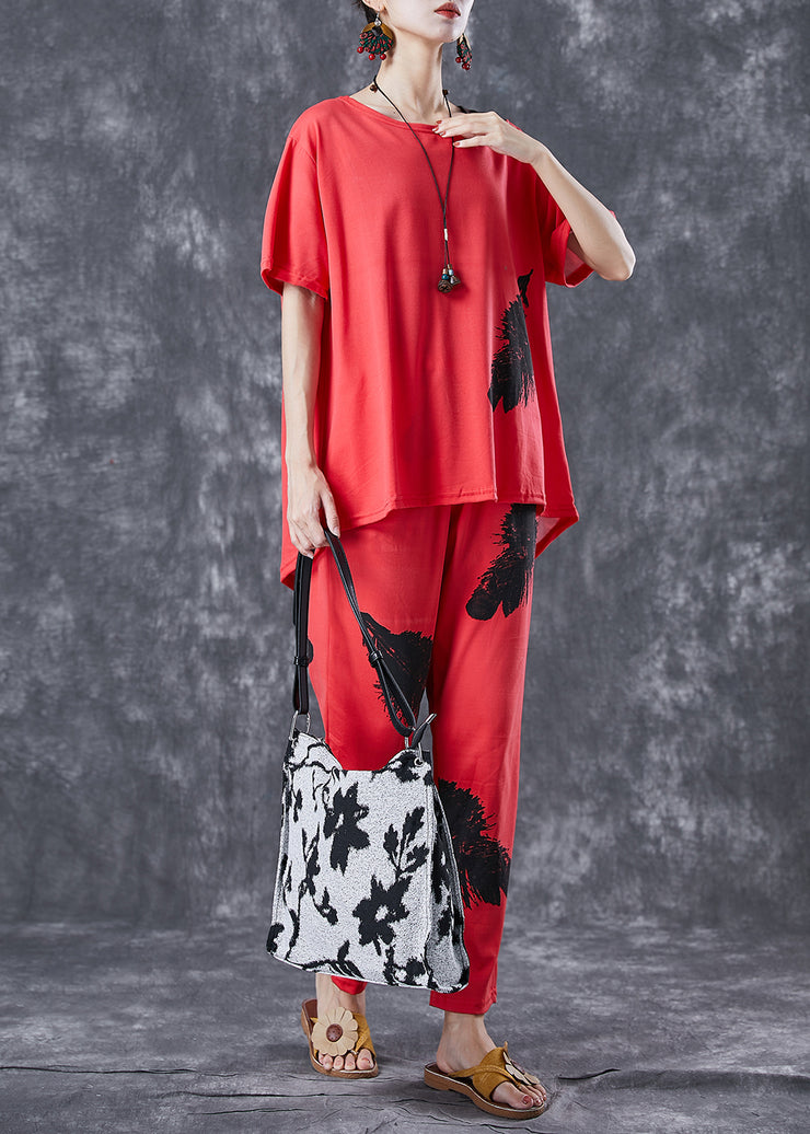 Red Cotton Two Pieces Set Oversized Feathers Print Summer