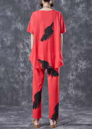 Red Cotton Two Pieces Set Oversized Feathers Print Summer