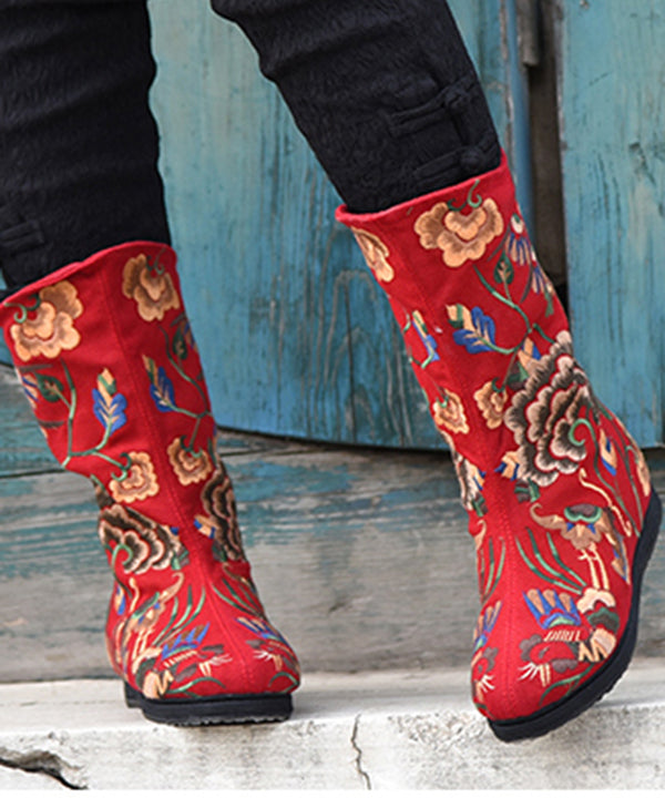 Rote Cowgirl-Stiefel Bestickte Kniestiefel aus bequemem Baumwollgewebe mit Reißverschluss