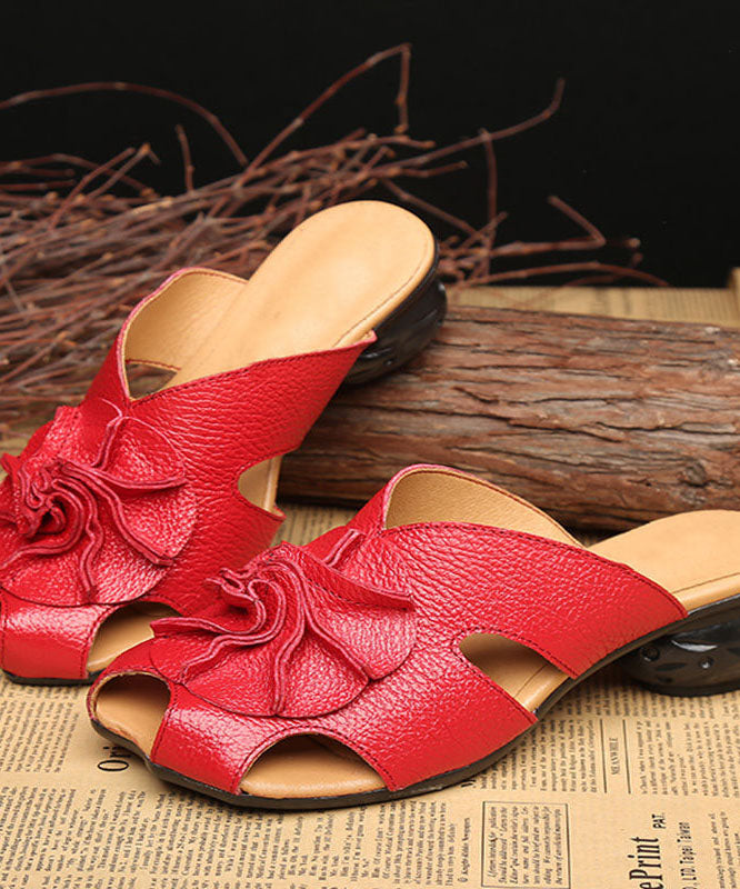 Red Cowhide Leather Floral Splicing Chunky Slide Sandals