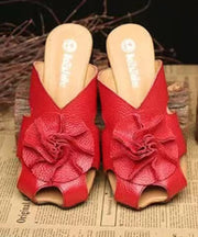 Red Cowhide Leather Floral Splicing Chunky Slide Sandals