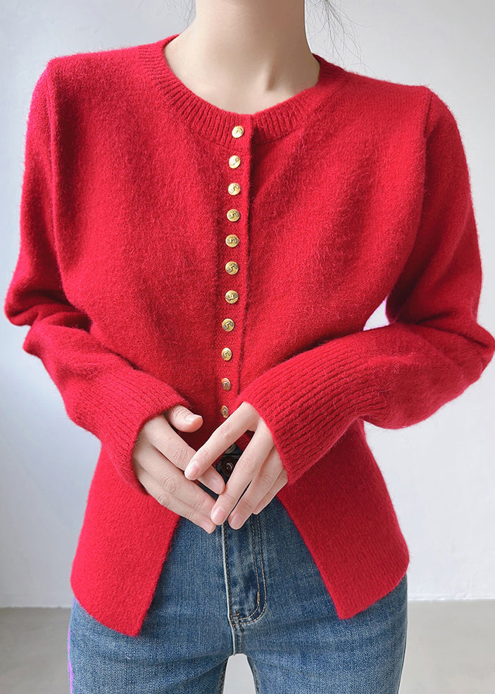 Red Cozy Patchwork Cotton Knit Top O Neck Long Sleeve