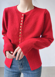 Red Cozy Patchwork Cotton Knit Top O Neck Long Sleeve