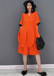 Orange Draping Chiffon Long Shirt And Shorts Women Sets 2 Pieces Peter Pan Collar Side Open Summer