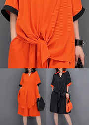 Orange Draping Chiffon Long Shirt And Shorts Women Sets 2 Pieces Peter Pan Collar Side Open Summer