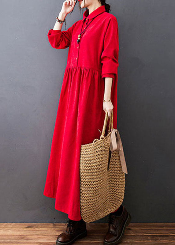 Red Drawstring Button Corduroy Holiday Long Dress Long Sleeve