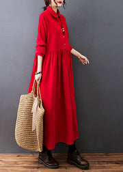 Red Drawstring Button Corduroy Holiday Long Dress Long Sleeve