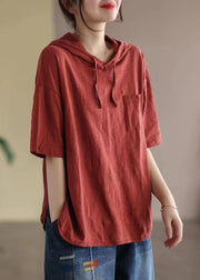 Red Drawstring Solid Cotton Hooded T Shirt Summer