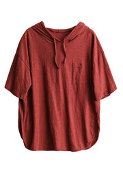 Red Drawstring Solid Cotton Hooded T Shirt Summer