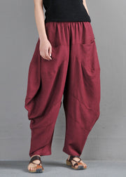 Red Elastic Waist Pockets Beam Pants Summer