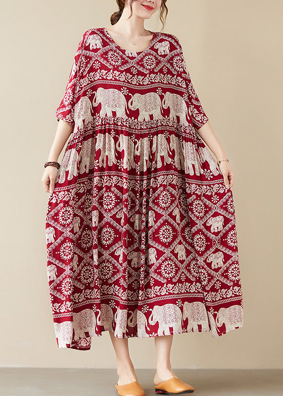 Red Elephant Print Cotton Dress Exra Large Hem Summer