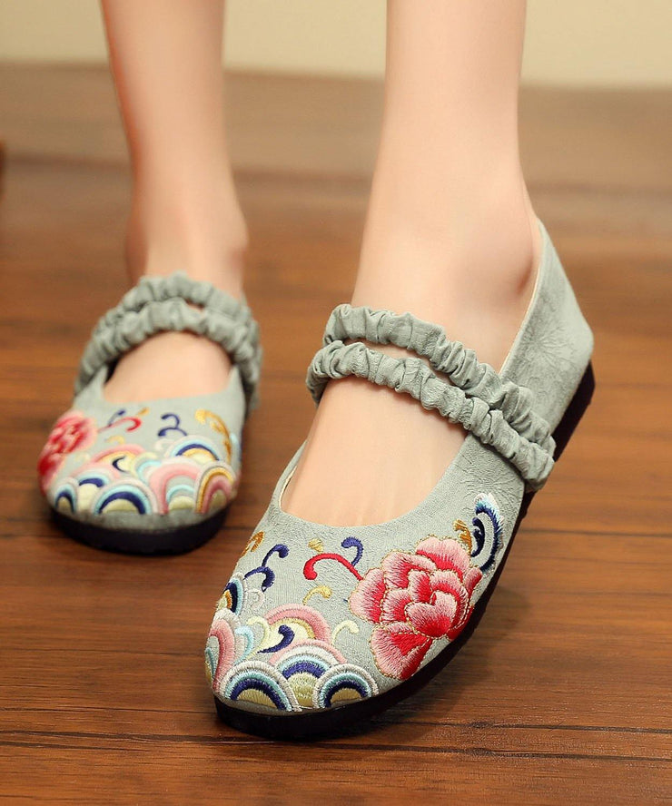 Red Embroideried Cotton Linen Fabric Flat Shoes Lace Up Flat Shoes - SooLinen
