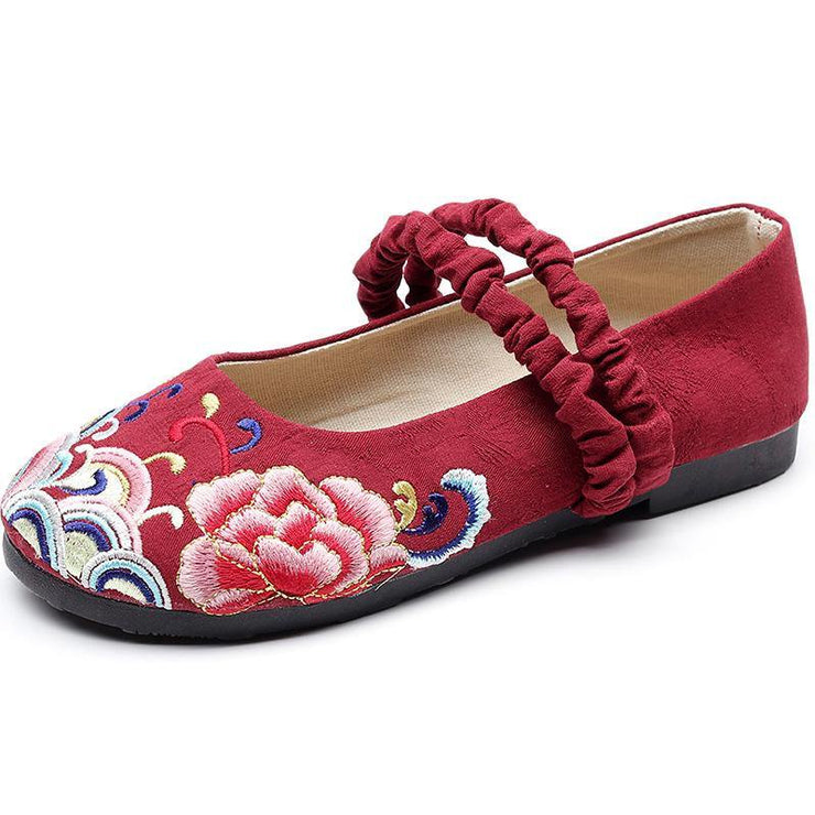 Red Embroideried Cotton Linen Fabric Flat Shoes Lace Up Flat Shoes - SooLinen
