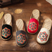 Red Embroideried Cotton Linen Fabric Slippers Shoes - SooLinen