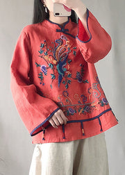 Red Embroidered Floral Button Linen Top Long Sleeve