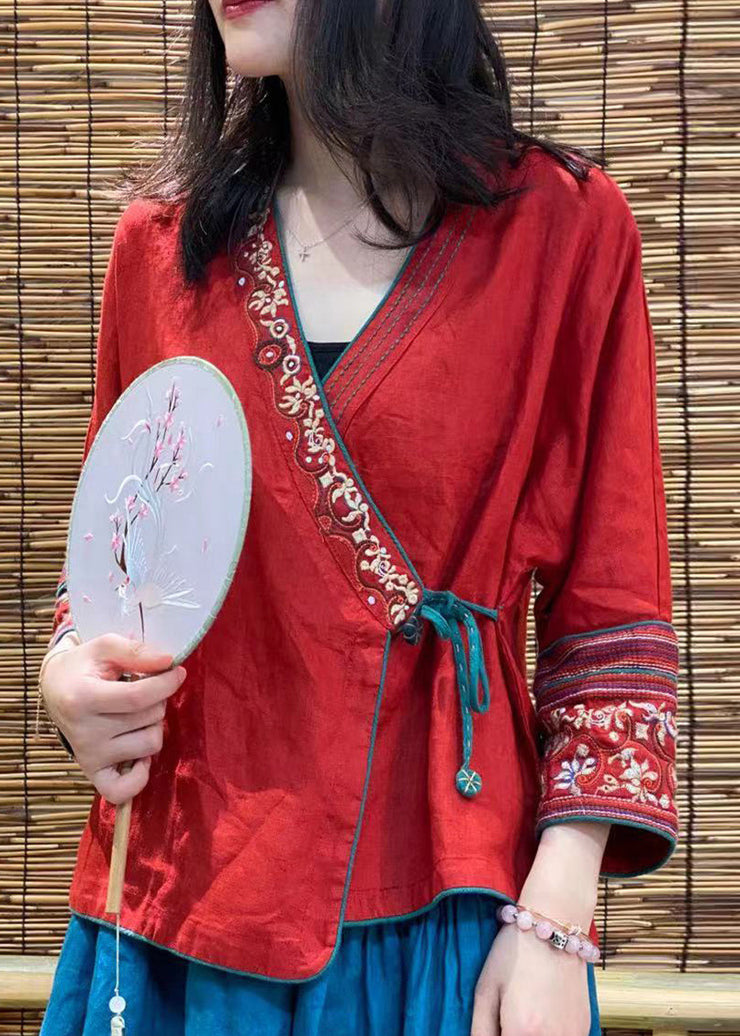 Red Embroidered Floral Tie Waist Linen Top Long Sleeve