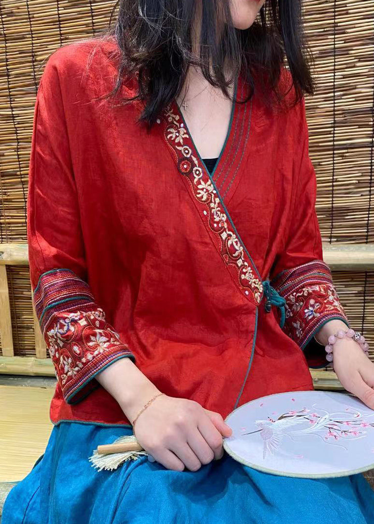 Red Embroidered Floral Tie Waist Linen Top Long Sleeve