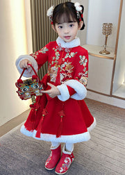 Red Embroidered Fur Collar Thick Kids Maxi Dresses Long Sleeve