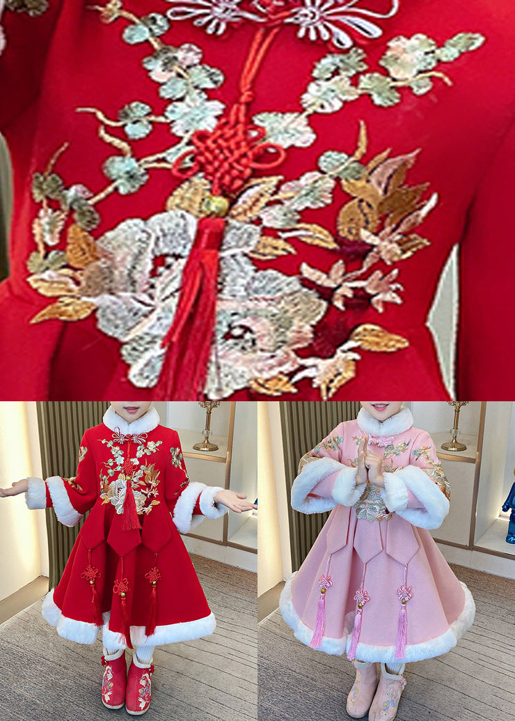 Red Embroidered Fur Collar Thick Kids Maxi Dresses Long Sleeve
