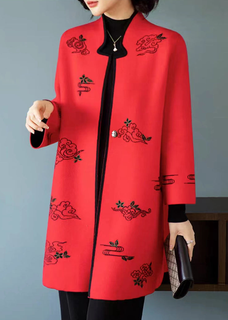 Red Embroidered Stand Collar Patchwork Wool Coats Stand Collar Long Sleeve