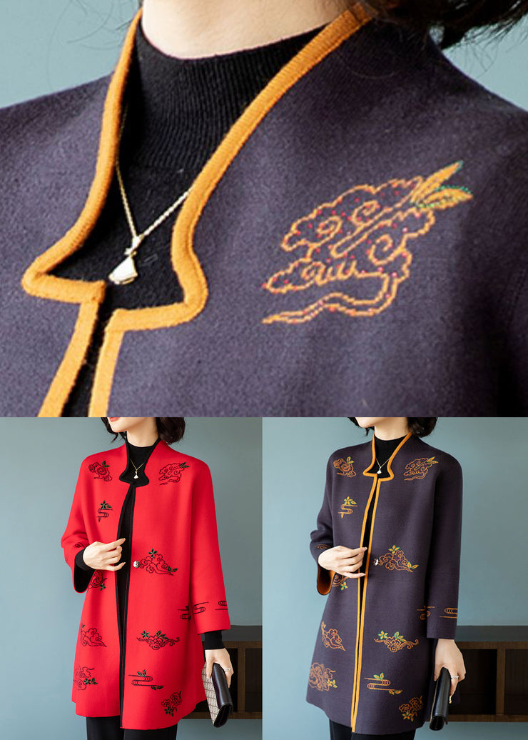 Red Embroidered Stand Collar Patchwork Wool Coats Stand Collar Long Sleeve