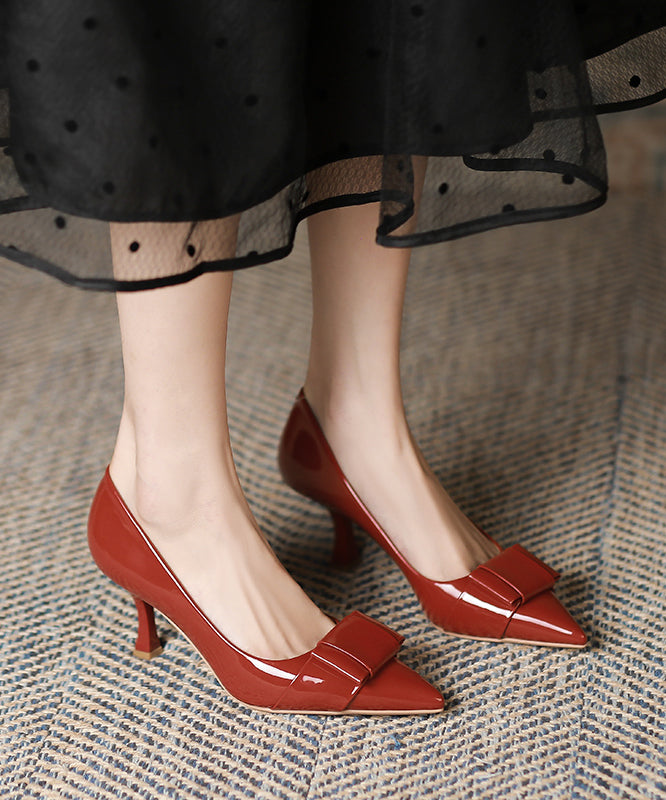 Red Faux Leather Bow Splicing French Pointed Toe High Heels