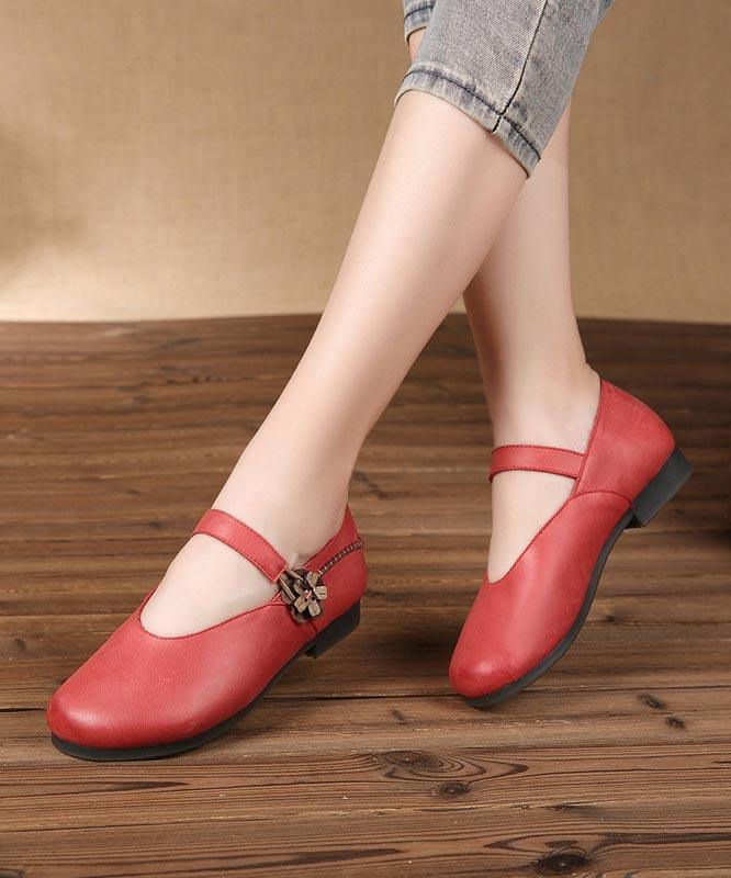 Red Flat Feet Shoes Buckle Strap Flats - SooLinen