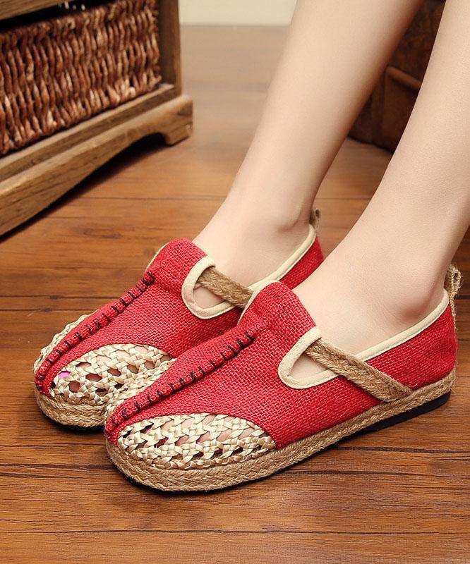 Red Flat Feet Shoes Linen Fabric Casual Hollow Out Flats - SooLinen